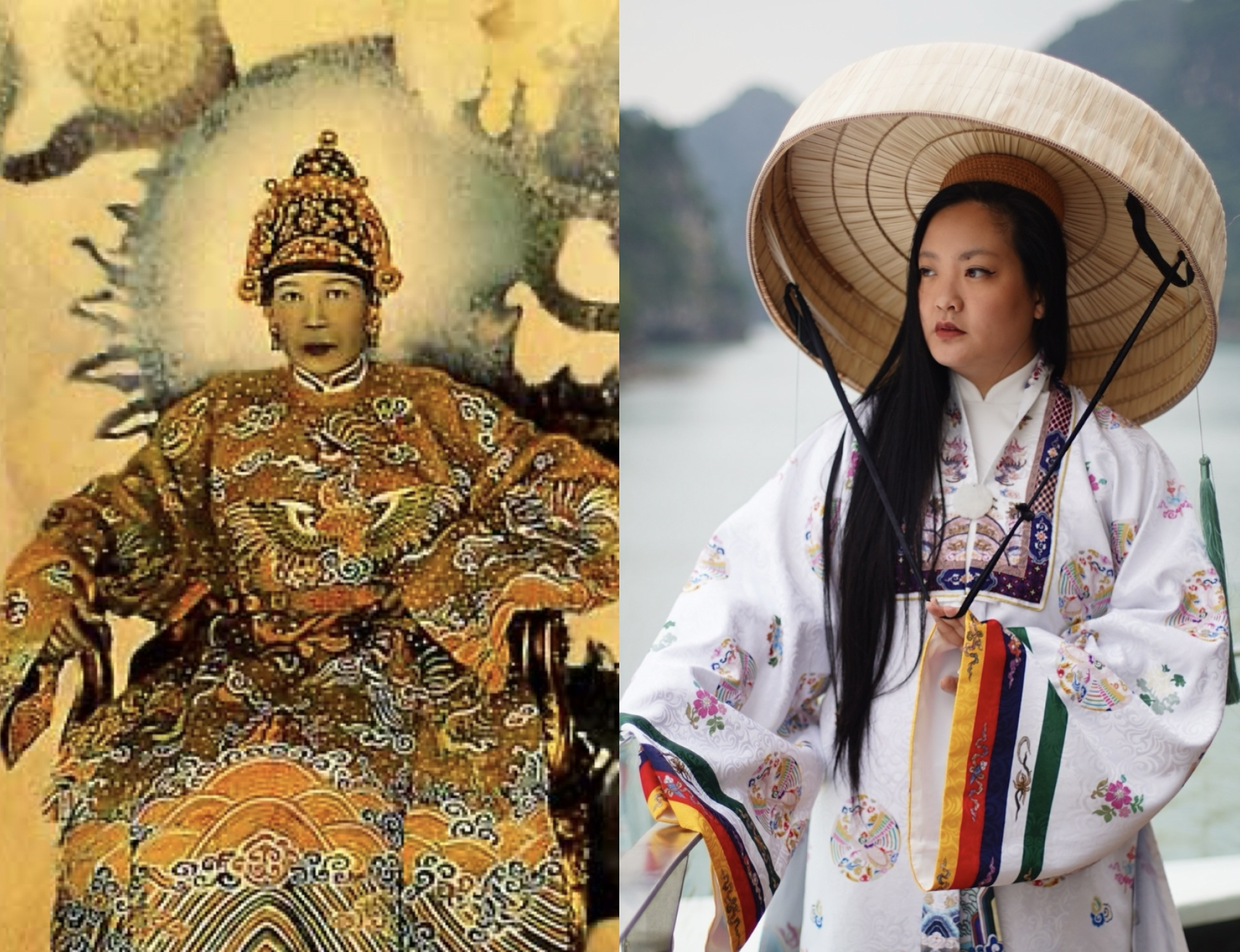 Left: An Empress of Vietnam. Right: Amanda Nguyen in traditional Vietnamese clothing.