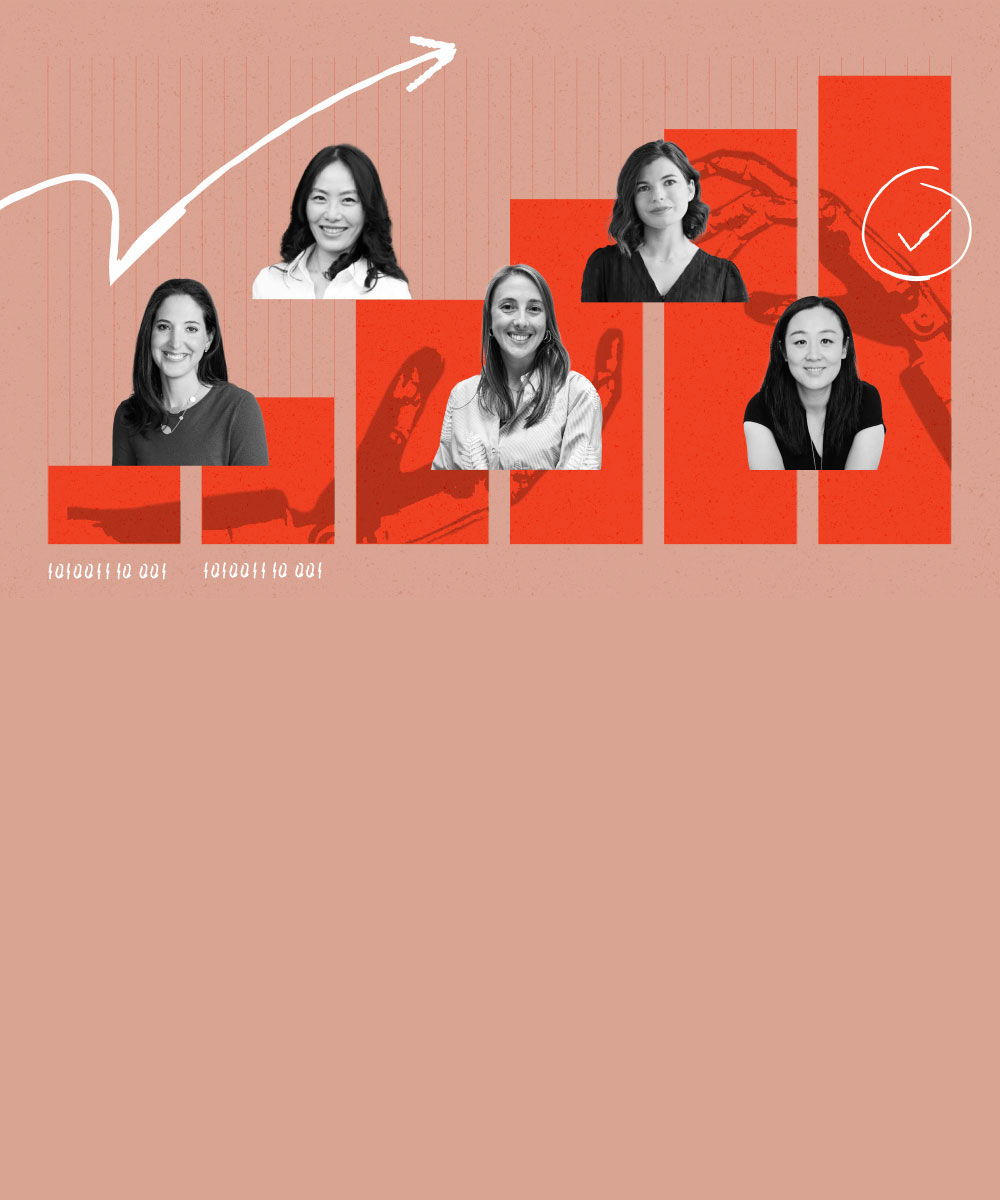 Five headshots of women founders on a background resembling a financial chart that is steadily increasing over time.