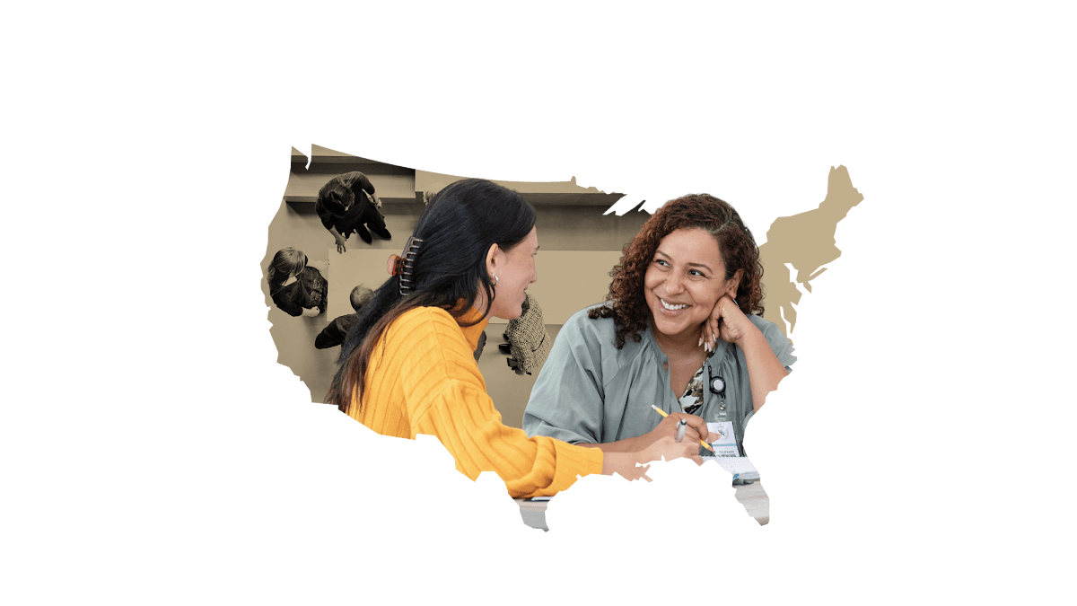 Collage in the shape of the United States with two women.