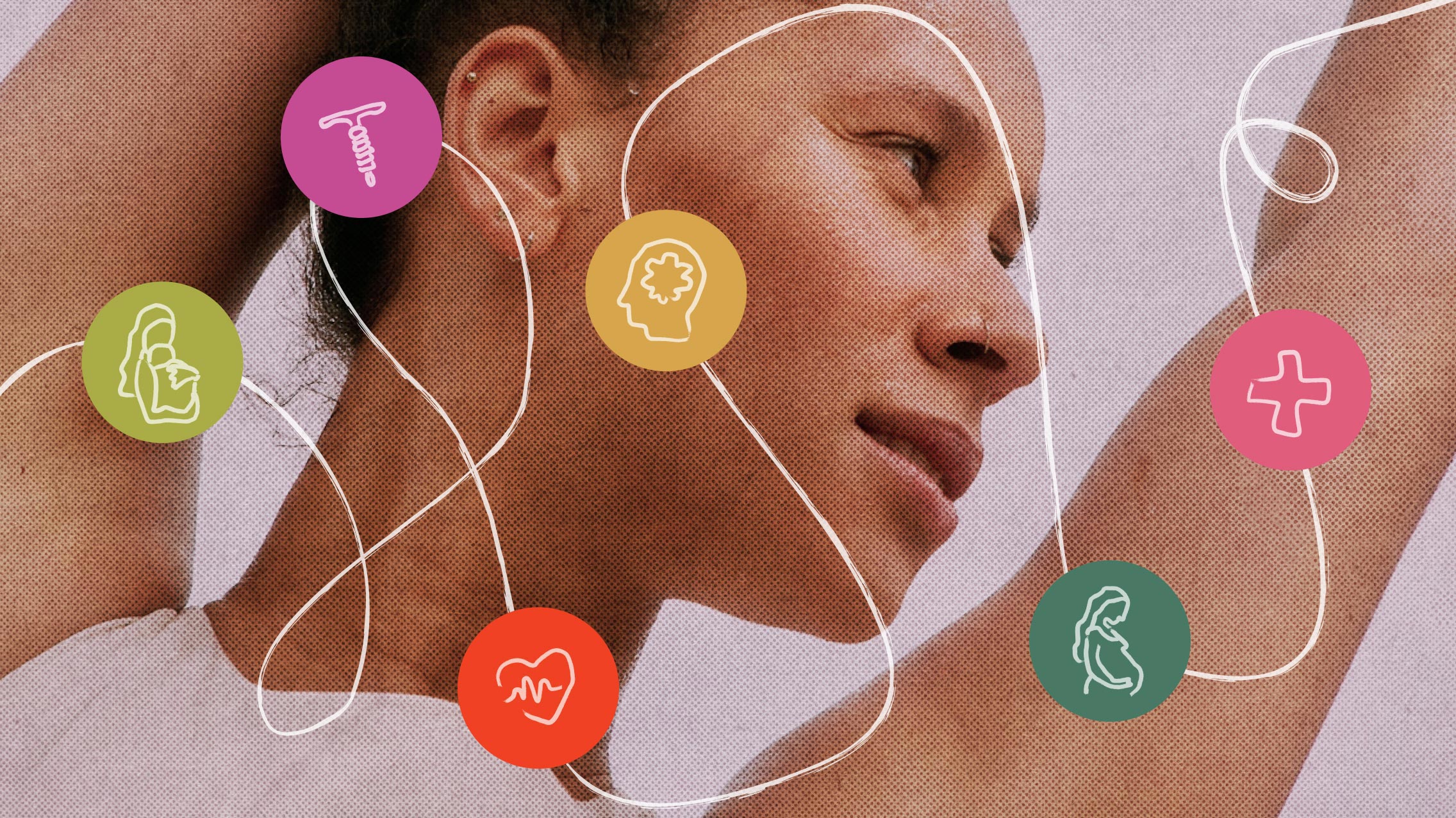 A collage featuring a woman and an illustration of her healthcare journey.