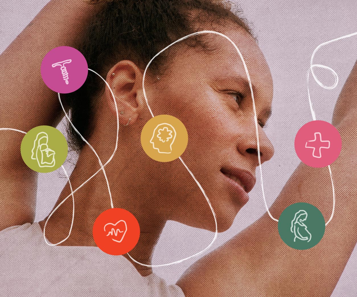 A collage featuring a woman and an illustration of her healthcare journey.