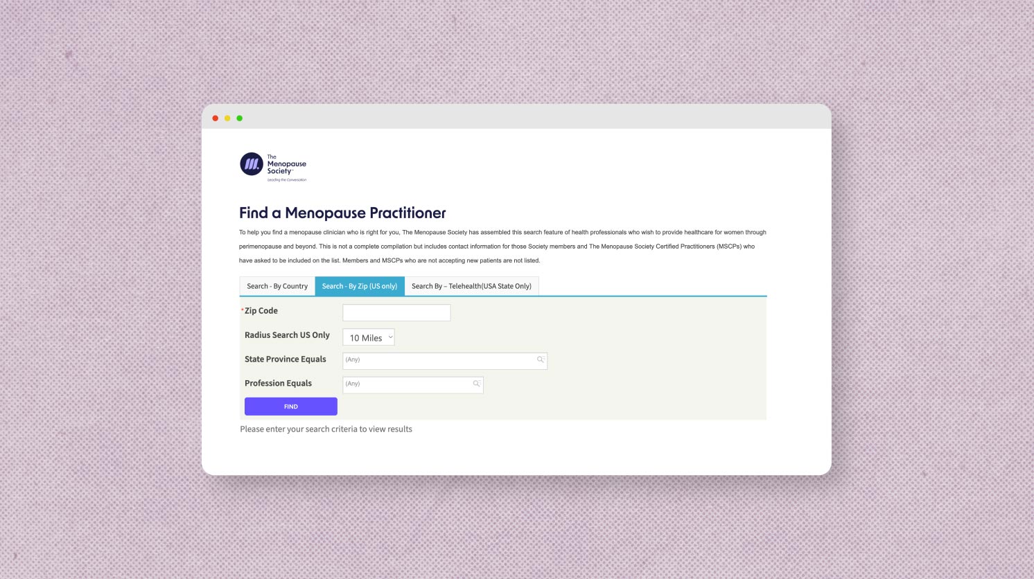 A screenshot of The Menopause Society's "Find a Menopause Practitioner" tool.