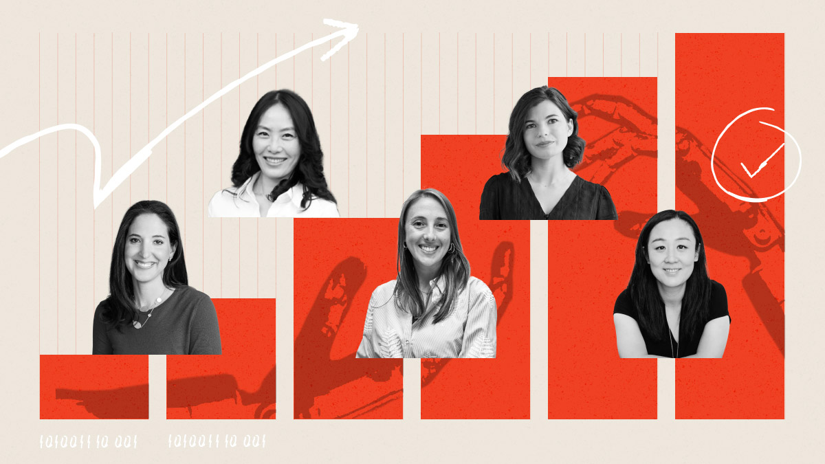 Five headshots of women founders on a background resembling a financial chart that is steadily increasing over time.