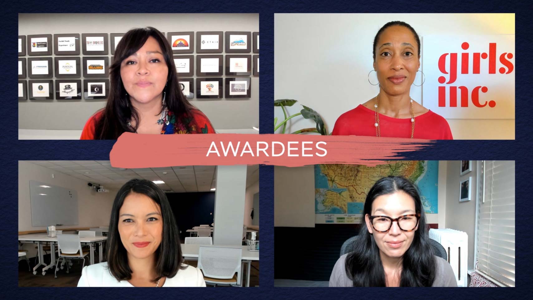 A screenshot of a video call is broken into four quadrants, each showing a different woman's face; in the middle of the screen sits the word, "Awardees."