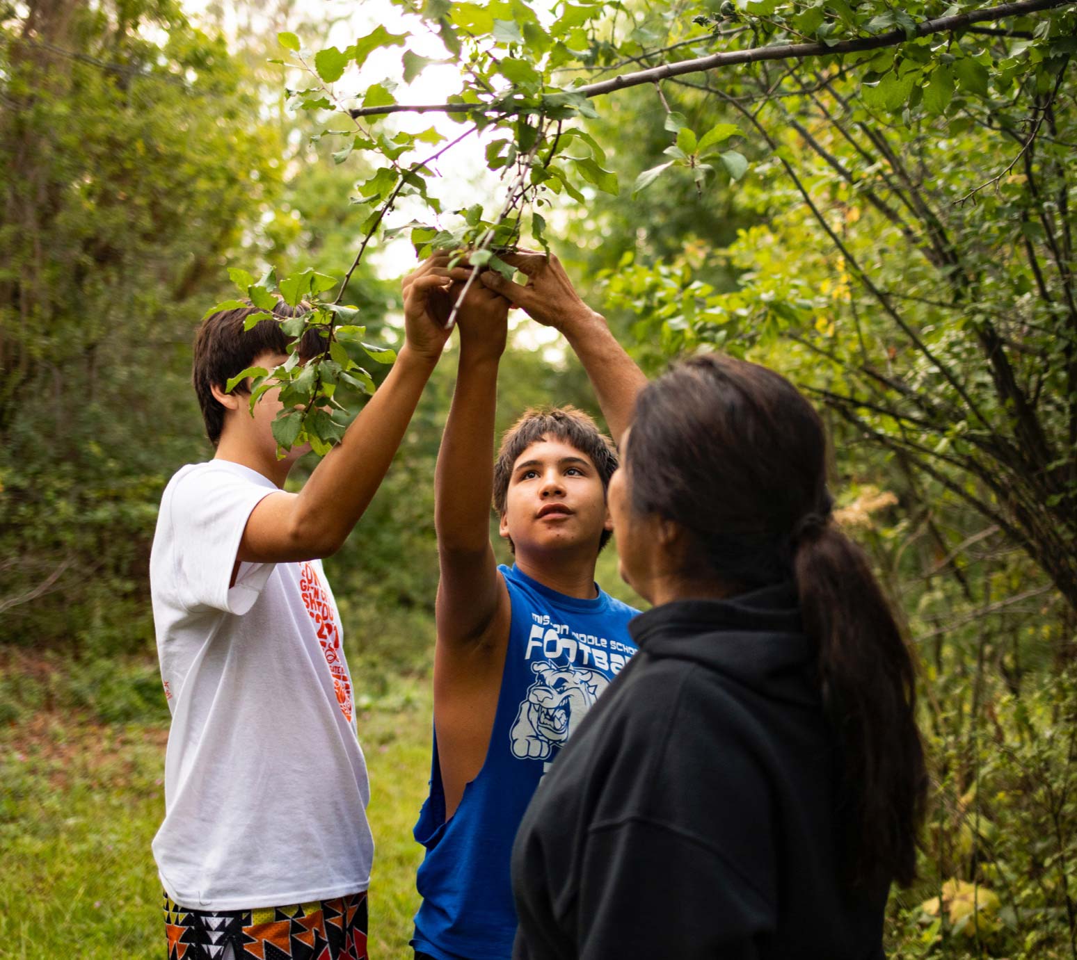 A 62-year-old woman, her 13-year-old grandnephew and his friend study a tree branch together.