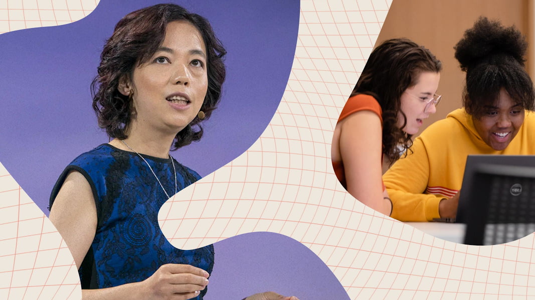 Graphic of AI researcher Dr. Fei-Fei Li and two young girls looking at a laptop screen.