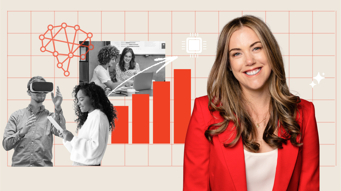 A collage featuring women working in tech and a headshot of Ashley Bittner, Managing Director at Kalos Ventures.