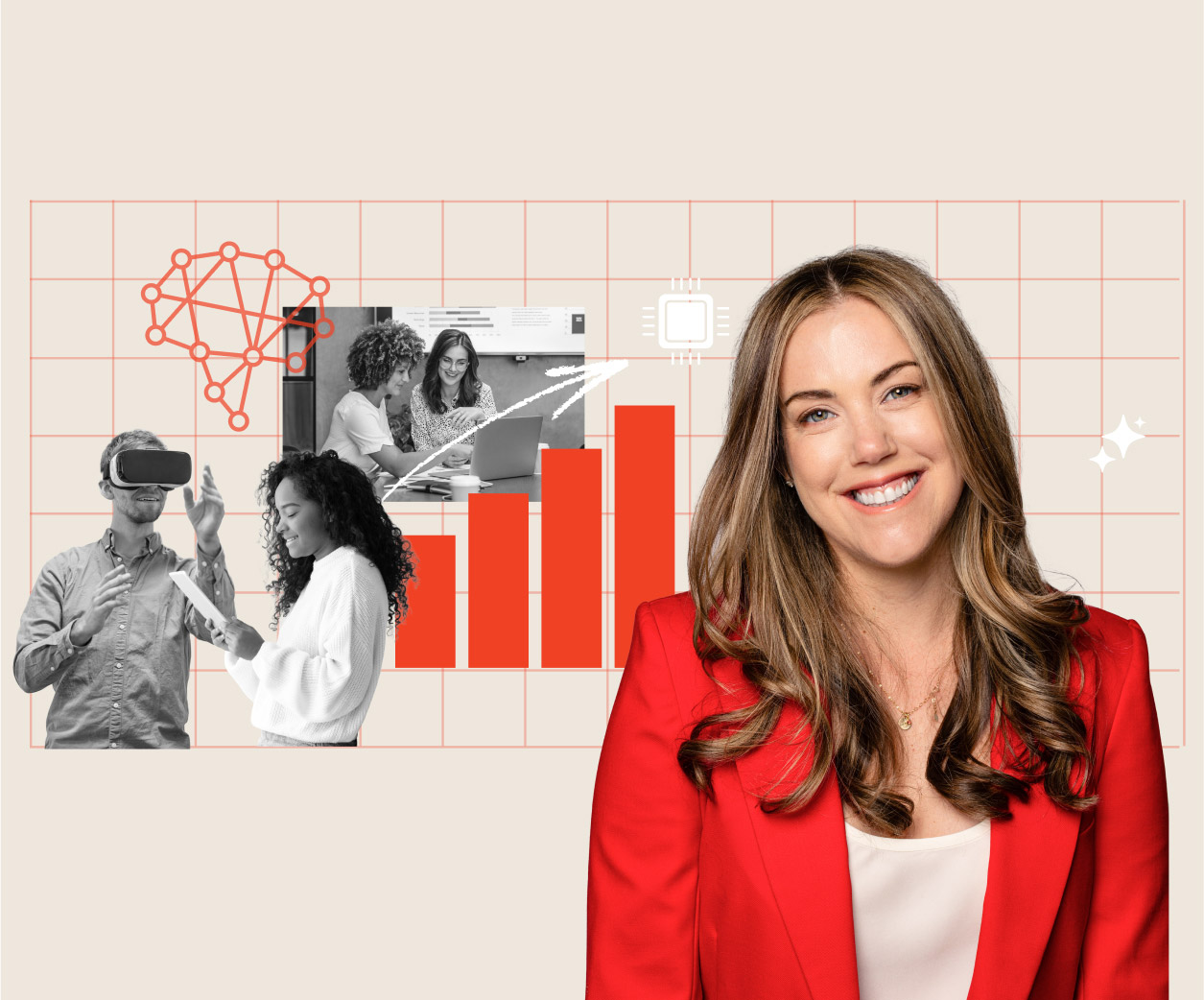 A collage featuring women working in tech and a headshot of Ashley Bittner, Managing Director at Kalos Ventures.