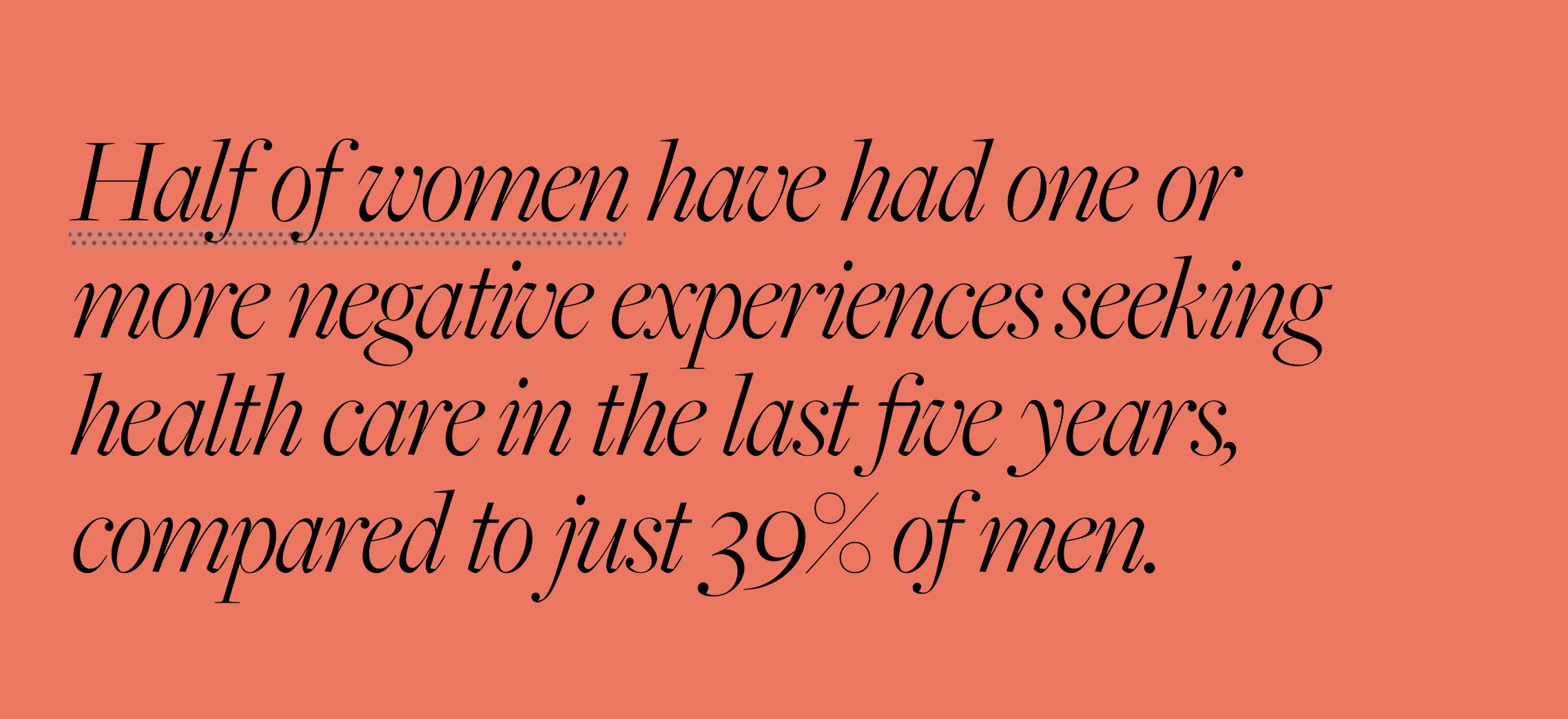 Half of women have had one or more negative experiences seeking health care in the last five years, compared to just 39% of men.