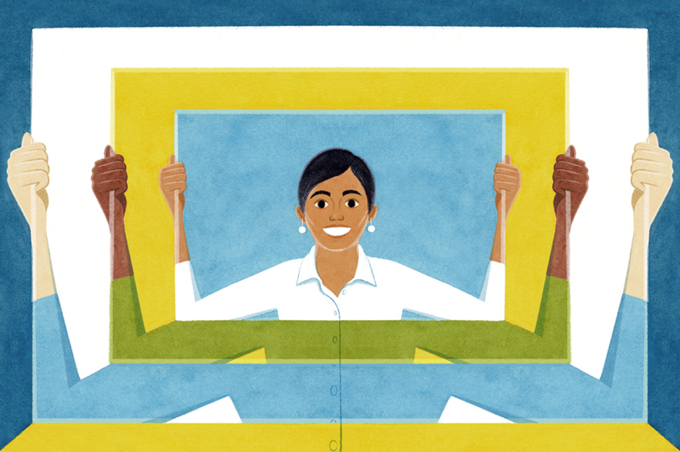 Illustration of a woman holding a frame within concentric frames being held by other women.