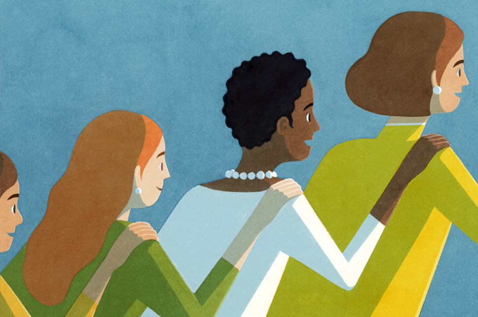An illustration of women standing in line behind each other, each holding the shoulder of the woman standing in front of them.