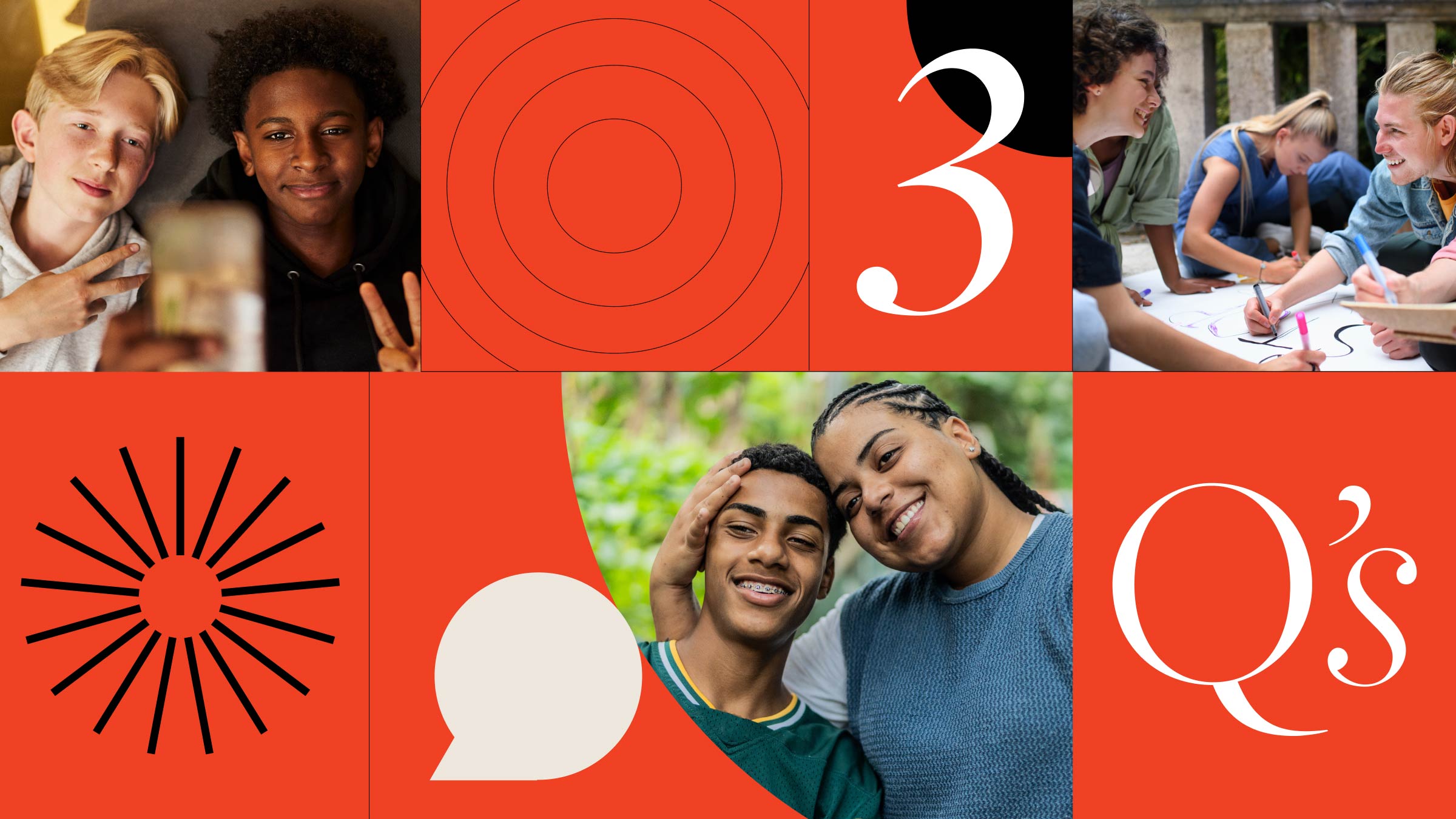 Three images of young LGBTQ+ people working together and hanging out.