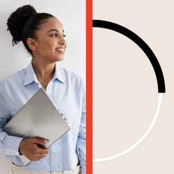 Woman holding a laptop. Explore the data: Tracking Women's power