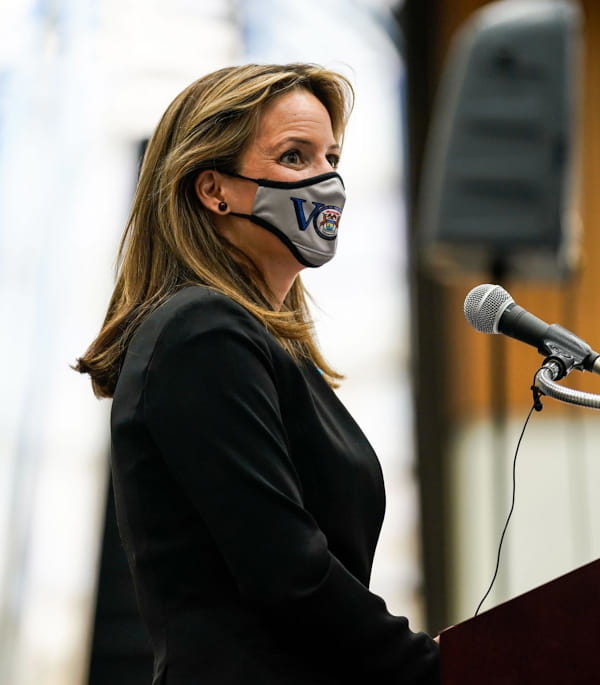 Secretary of State Jocelyn Benson speaks during a press conference in Detroit, MI