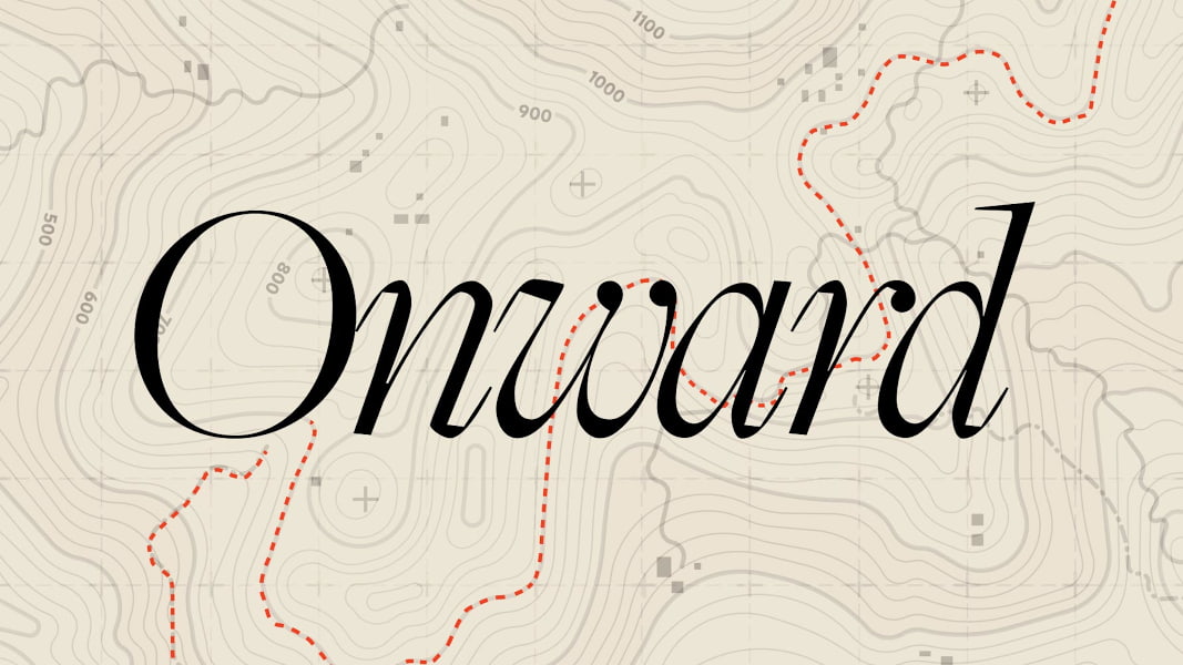 Onward overlaid on a topographical map with a red dotted path