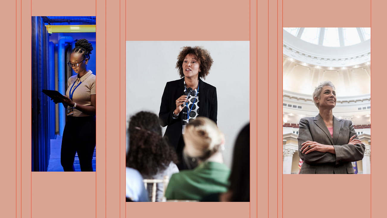 A collage with a woman looking at a tablet, a woman holding a microphone and speaking to a group of people, and a woman speaking in a government building.