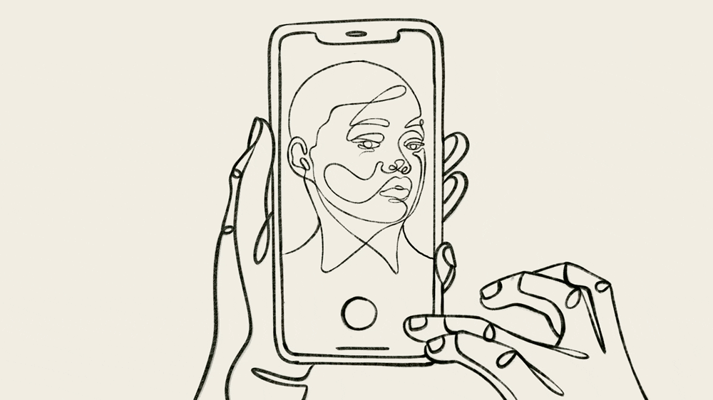 Illustration of face on phone screen talking about a bad day, with positive messages. Illustration by Mo Gilbert, ©2023 Pivotal Ventures