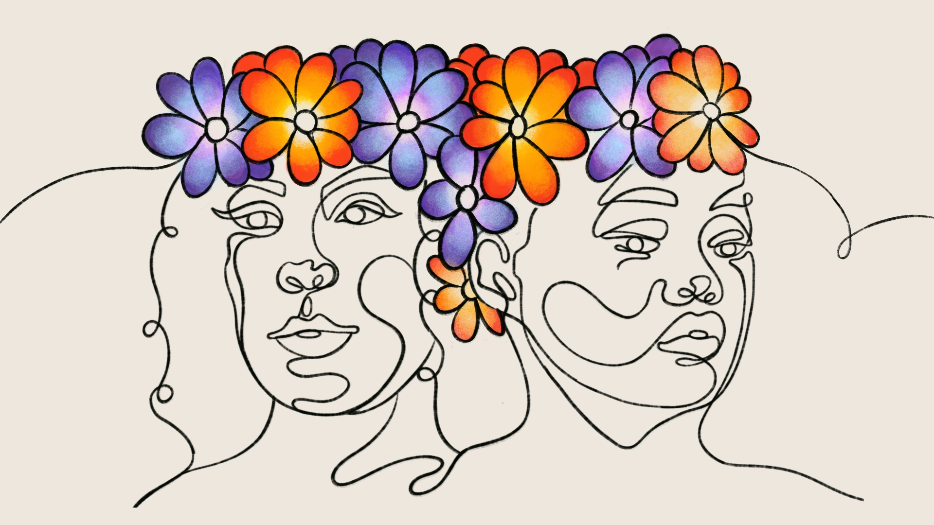 Illustration of Harper and Manon wearing flower crowns. Illustration by Mo Gilbert, ©2023 Pivotal Ventures