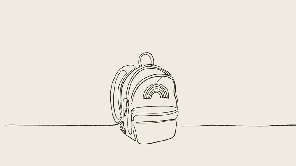 Illustration of flowers put in a rainbow backpack in school hallway. Illustration by Mo Gilbert, ©2023 Pivotal Ventures