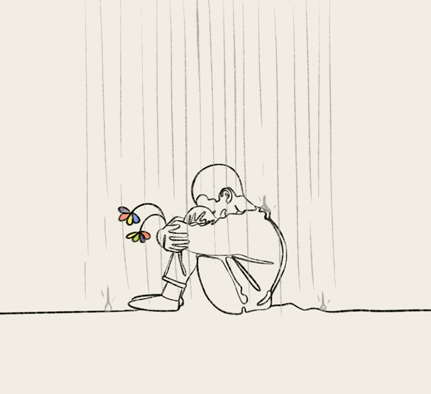 Illustration of child sitting in the rain. Illustration by Mo Gilbert, ©2023 Pivotal Ventures