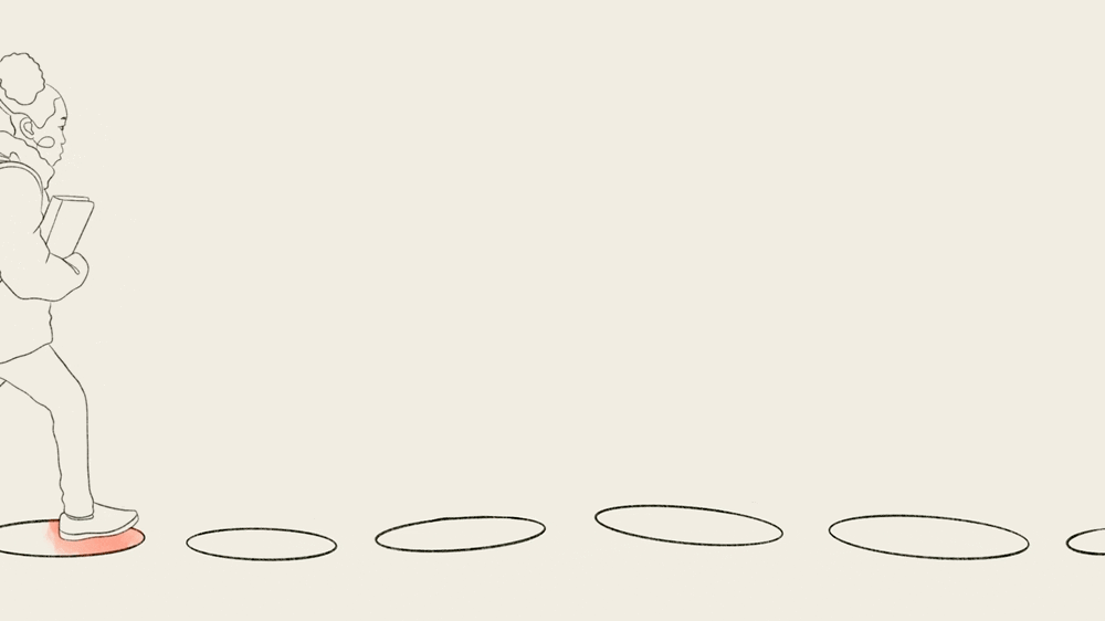 Illustration of girl walking across rainbow stepping stones. Illustration by Mo Gilbert, ©2023 Pivotal Ventures