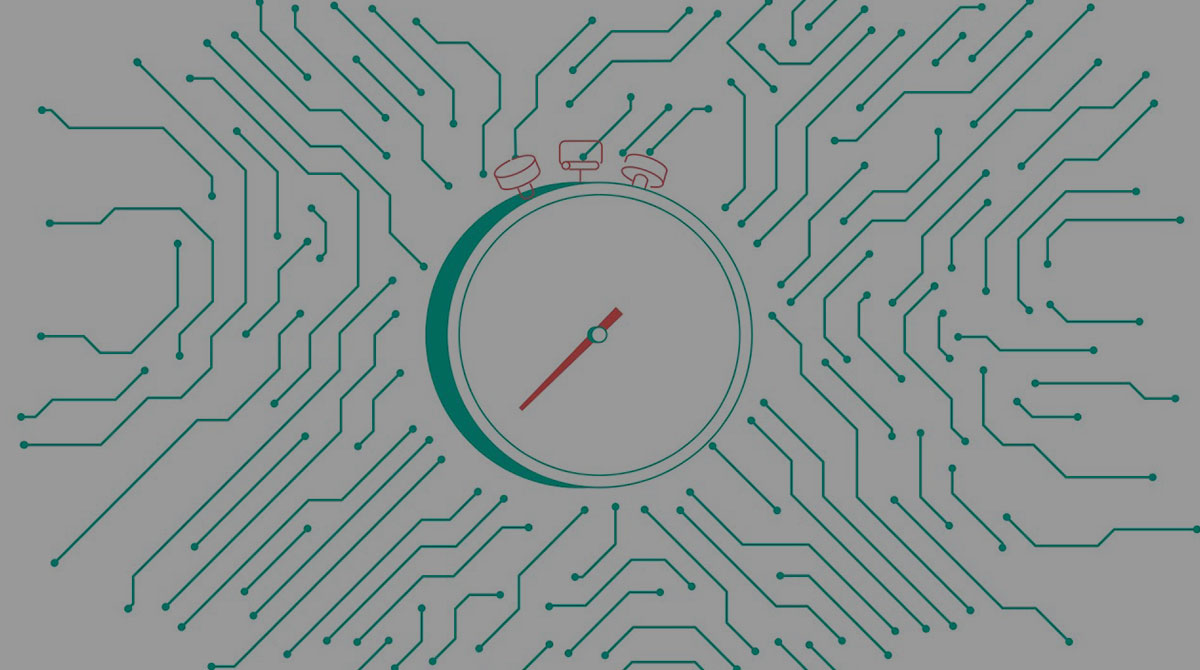 Illustration of a clock over a circuit board