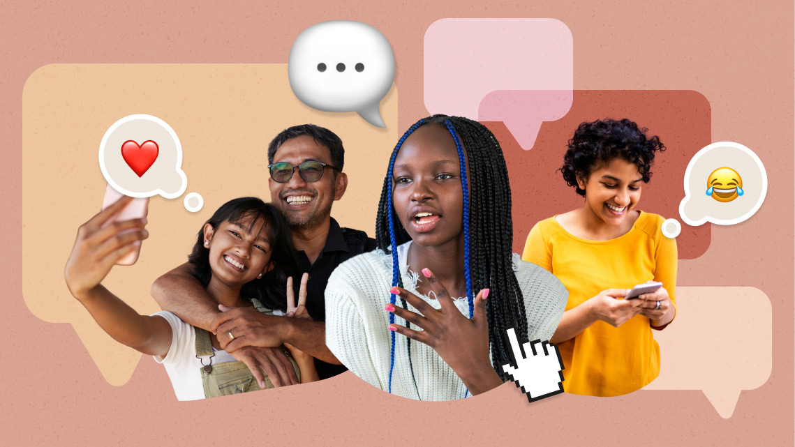 A collage of young teens and their families engaging with social media.