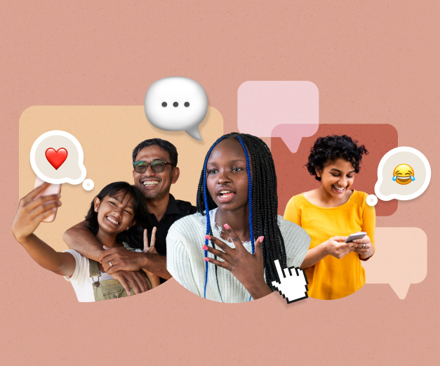 A collage of young teens and their families engaging with social media.
