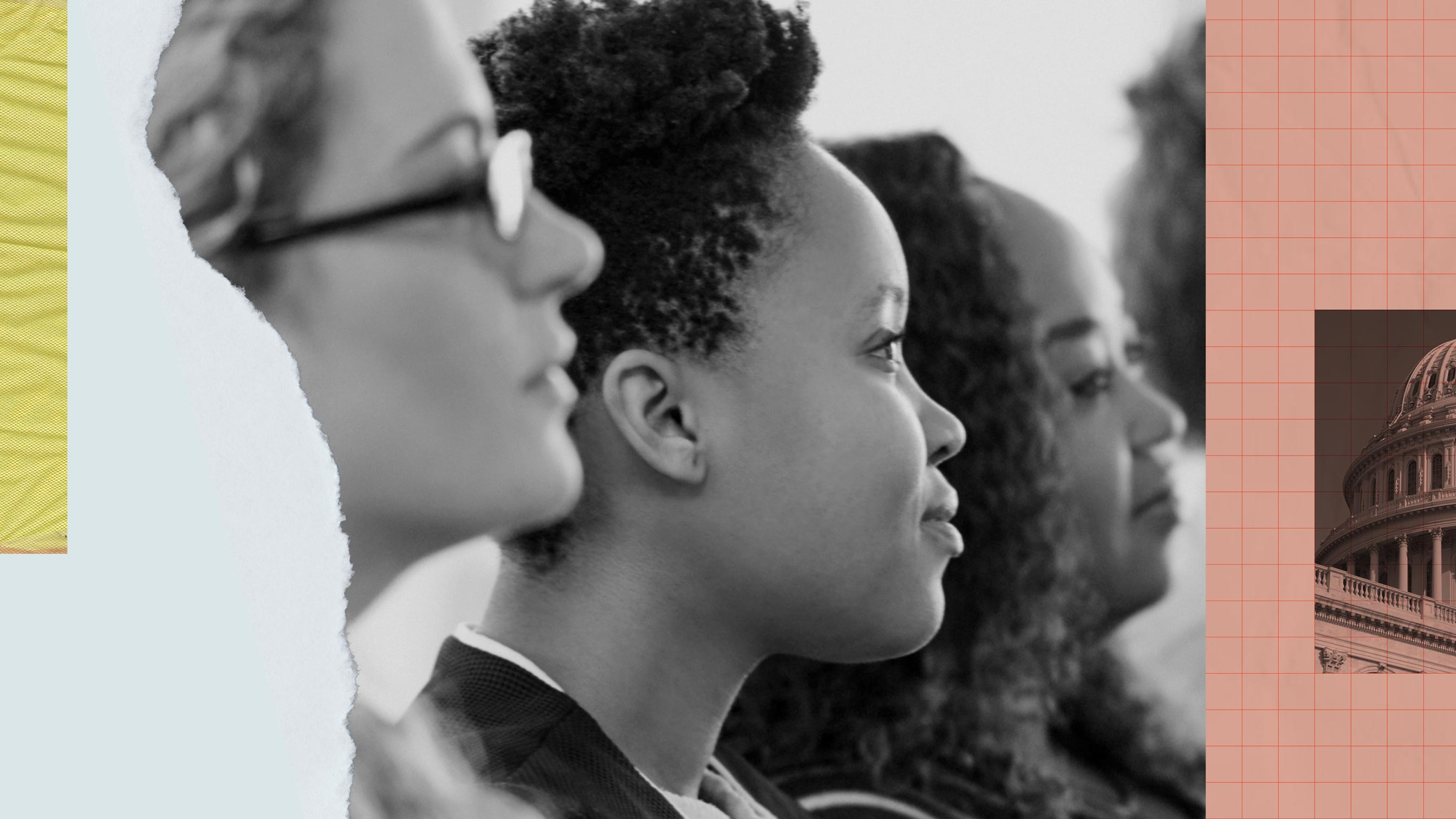 Collage with three women looking to the right