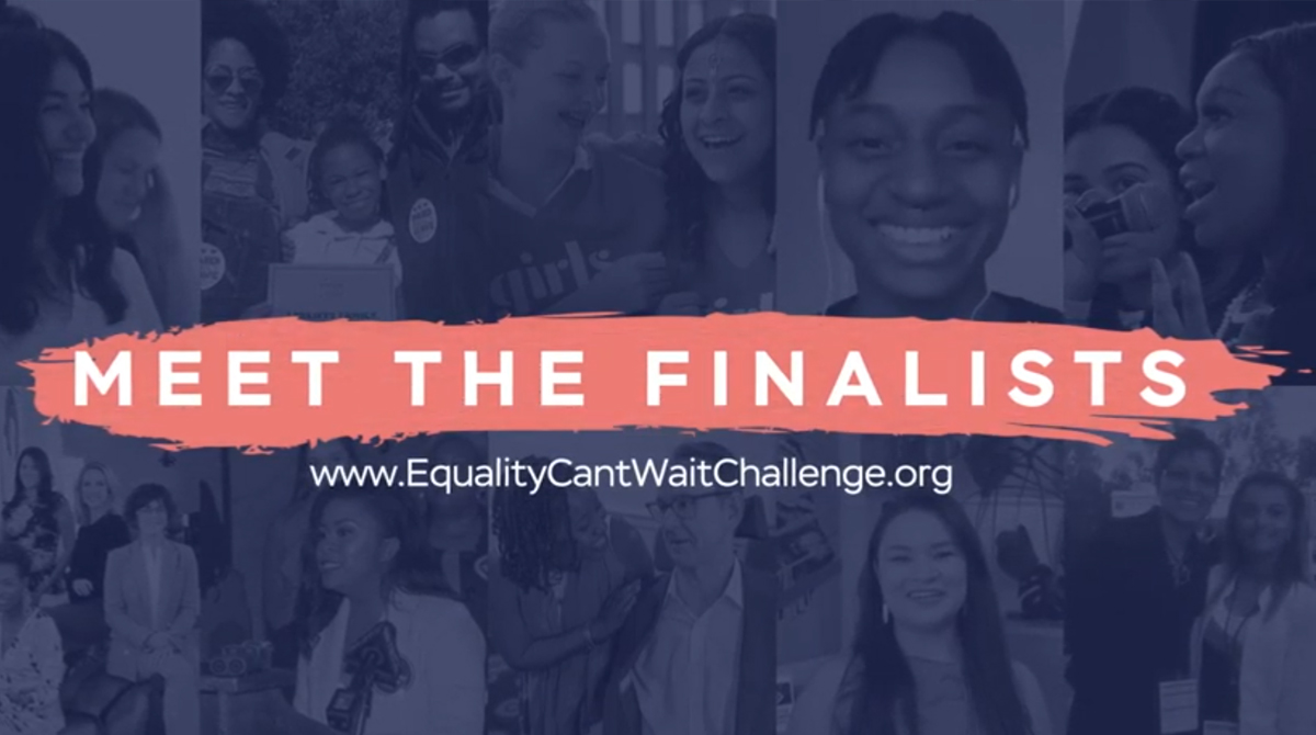 Pink paintbrush stroke with the text "meet the finalists at EqualityCantWaitChallenge.org" below it. 