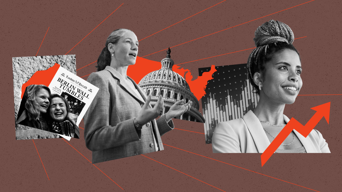 A collage of headshots, from left to right: two girls celebrate the fall of the Berlin Wall; a female politician, and a businesswoman.