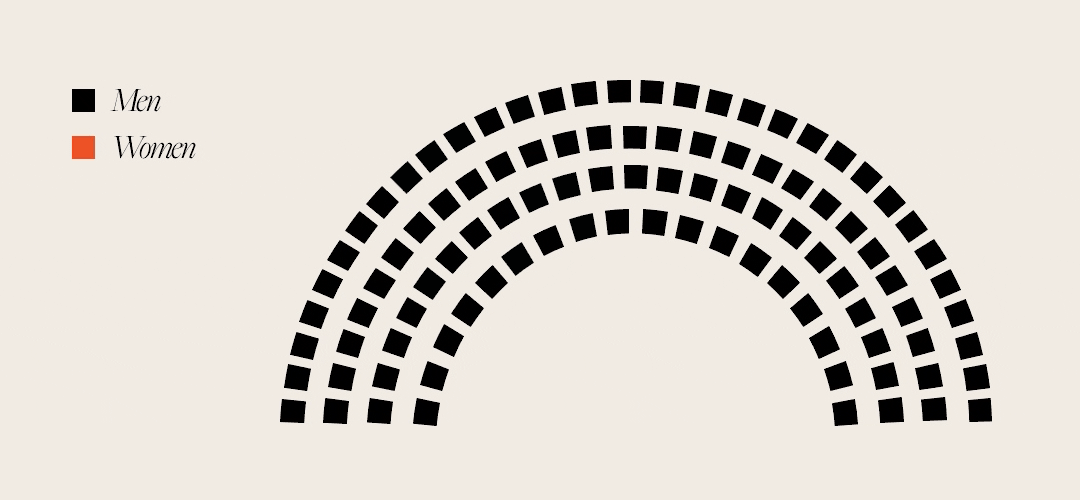 Animated illustration of the stat: Women hold only one third of legislative seats in the US,  ©2023 Pivotal Ventures