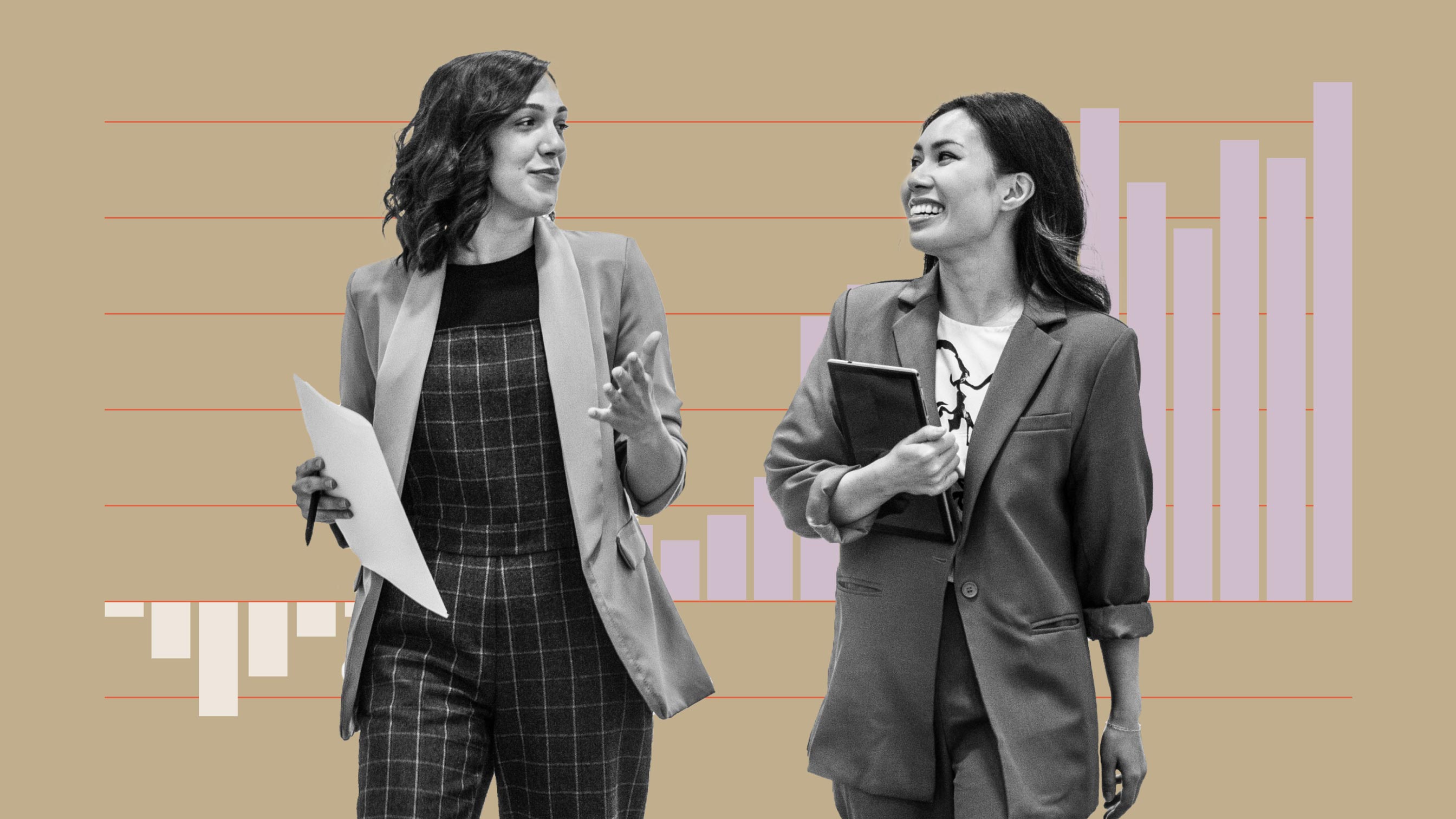 Two women having a conversation at work with a bar chart in the background.