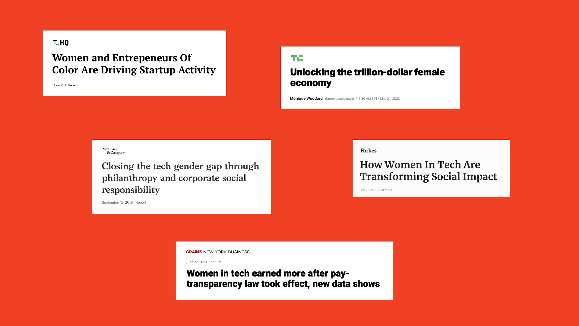 Graphic of assorted headlines from TechCrunch, Forbes, Crain's, McKinsey & Company, and TechHQ, on the topic of women in the tech workforce.