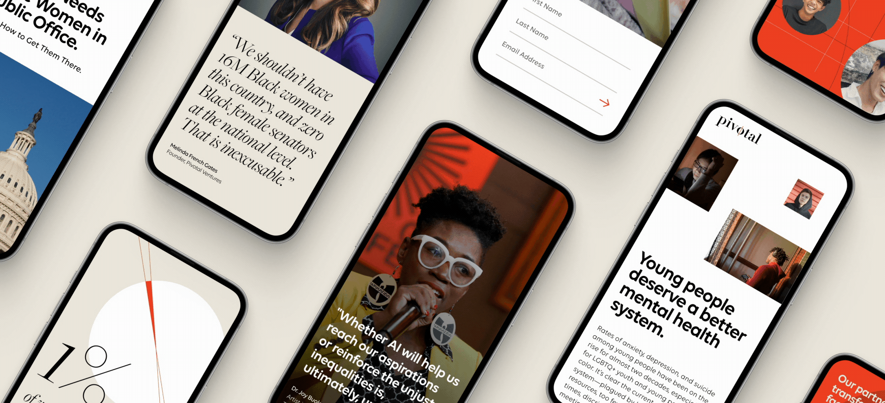 Smartphones displaying different articled on Pivotal.com