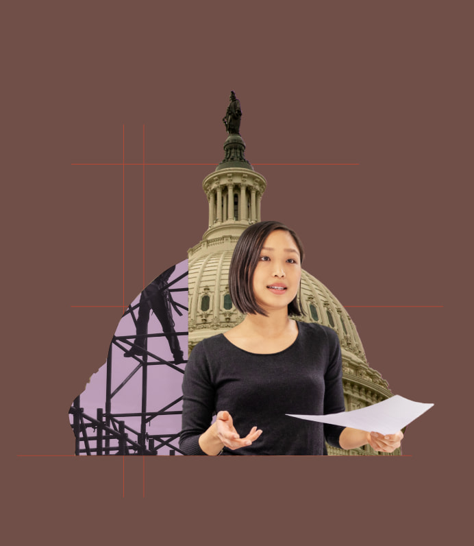 Collage with a woman in front of a capitol building