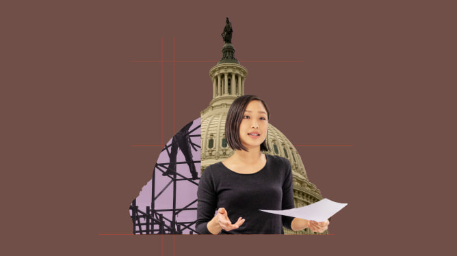Collage with a woman in front of a capitol building