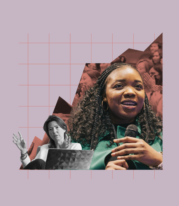 Collage with a woman holding a microphone over a line graph trending up