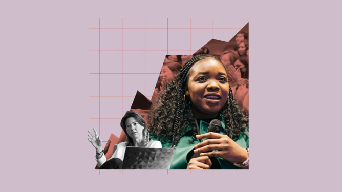 Collage with a woman holding a microphone over a line graph trending up