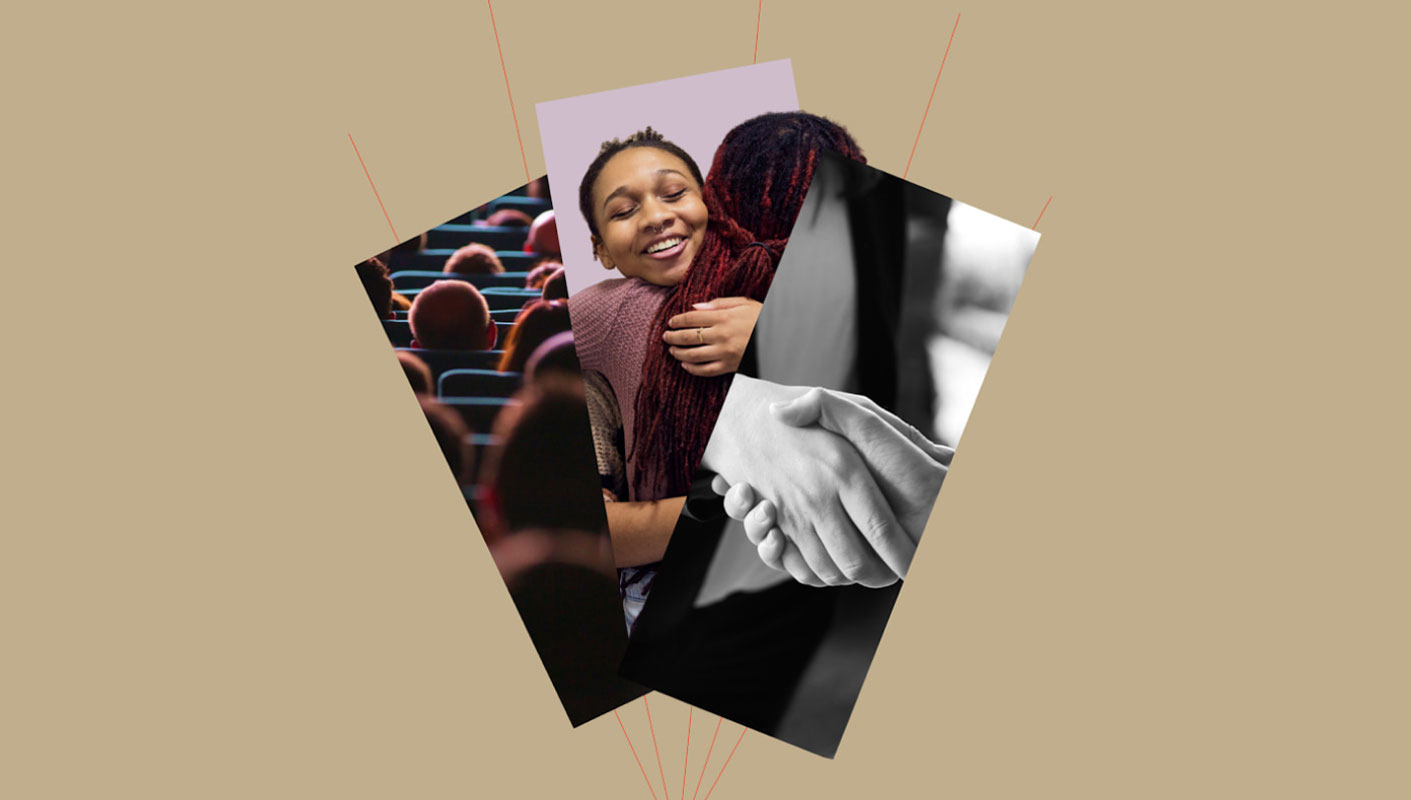 A collage with two people hugging and two people shaking hands.