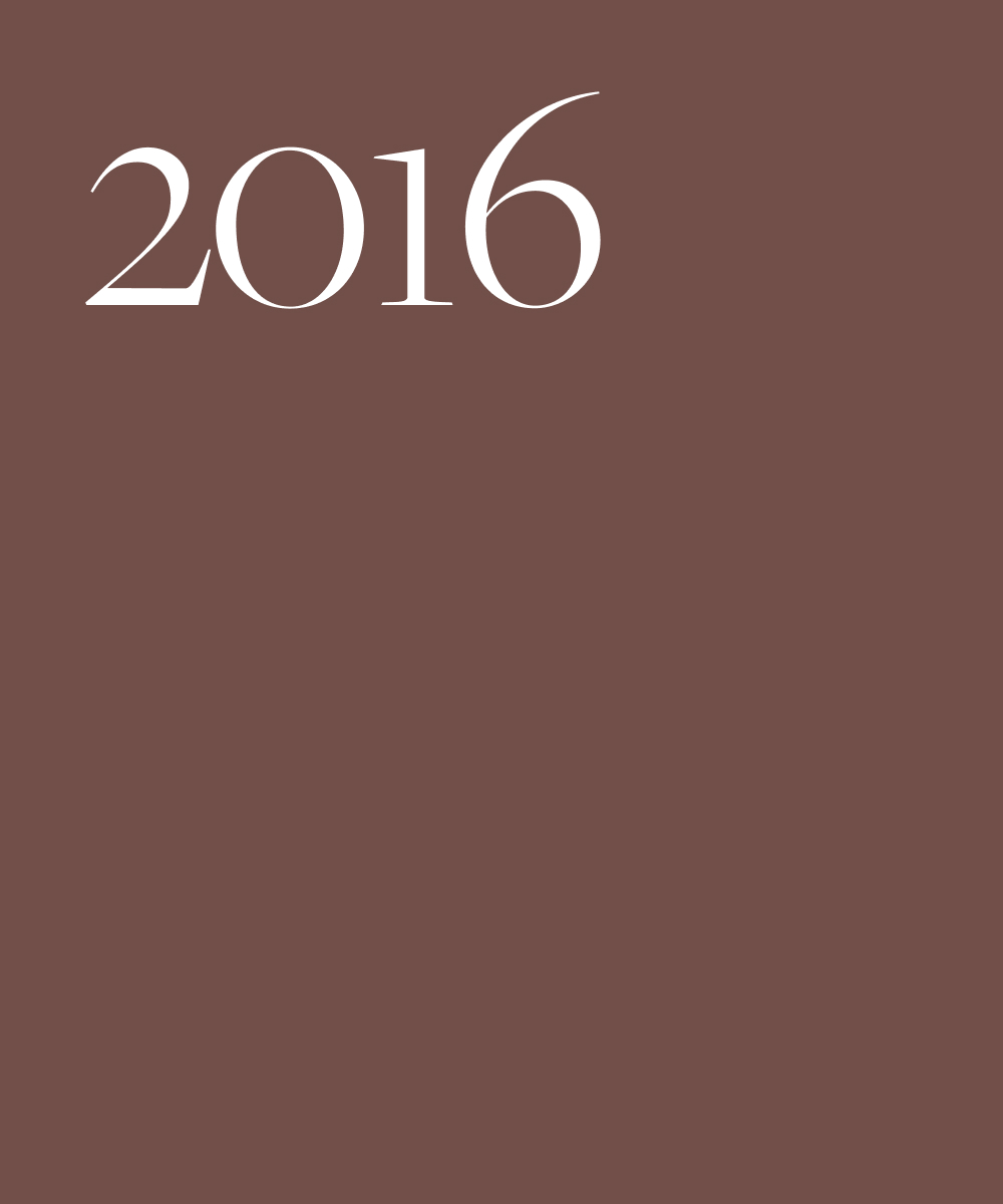 White text on a brown background, 2016