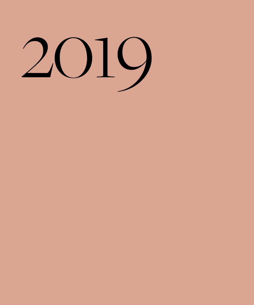 Black text on a peach background, 2019