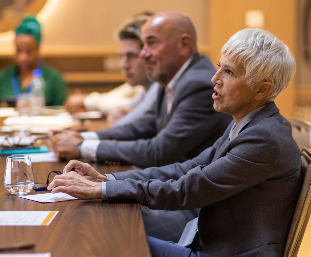 A woman speaks at a conference.